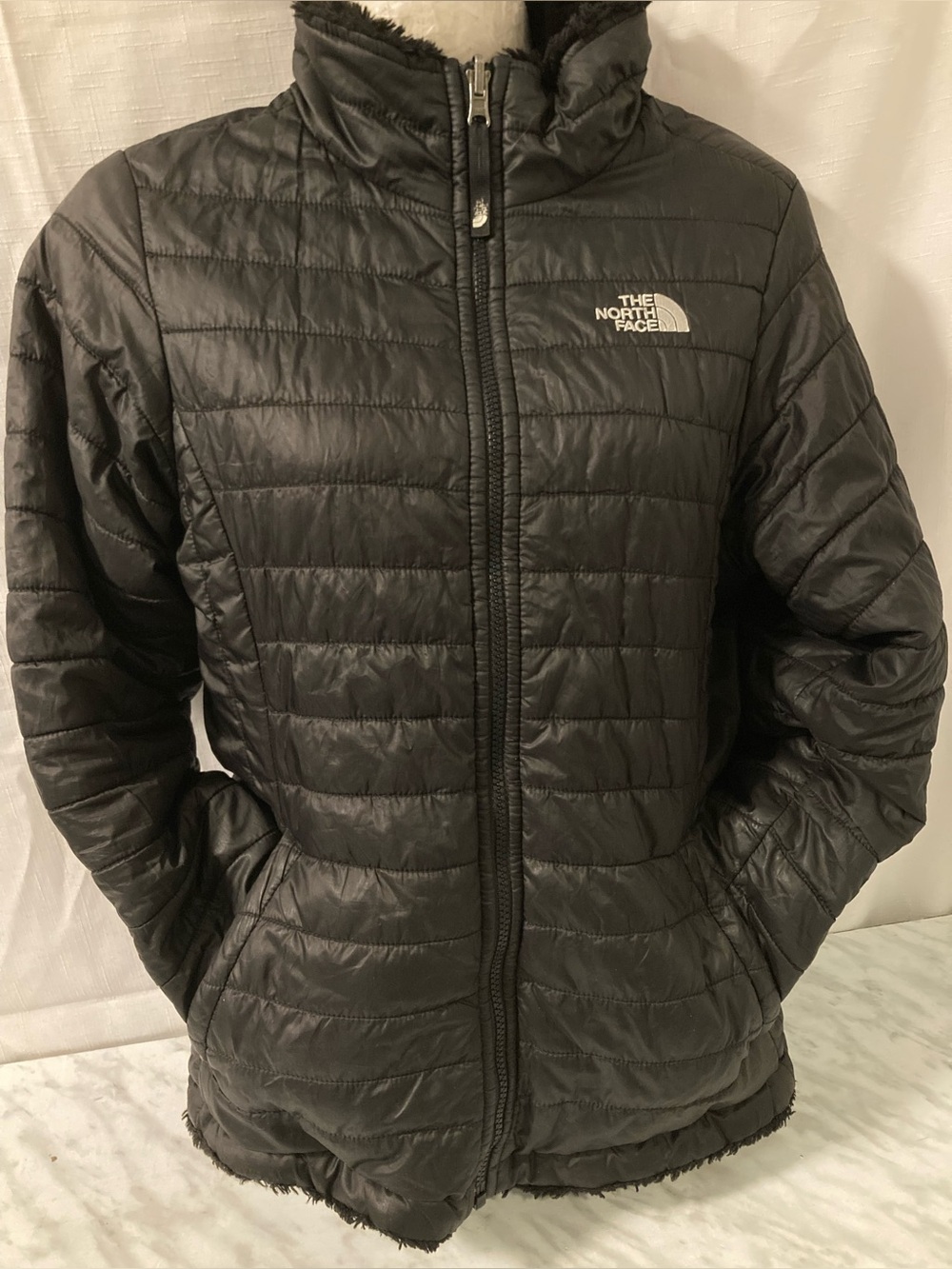 Reversible The North Face Black Quilted Faux Fur Fleece Jacket